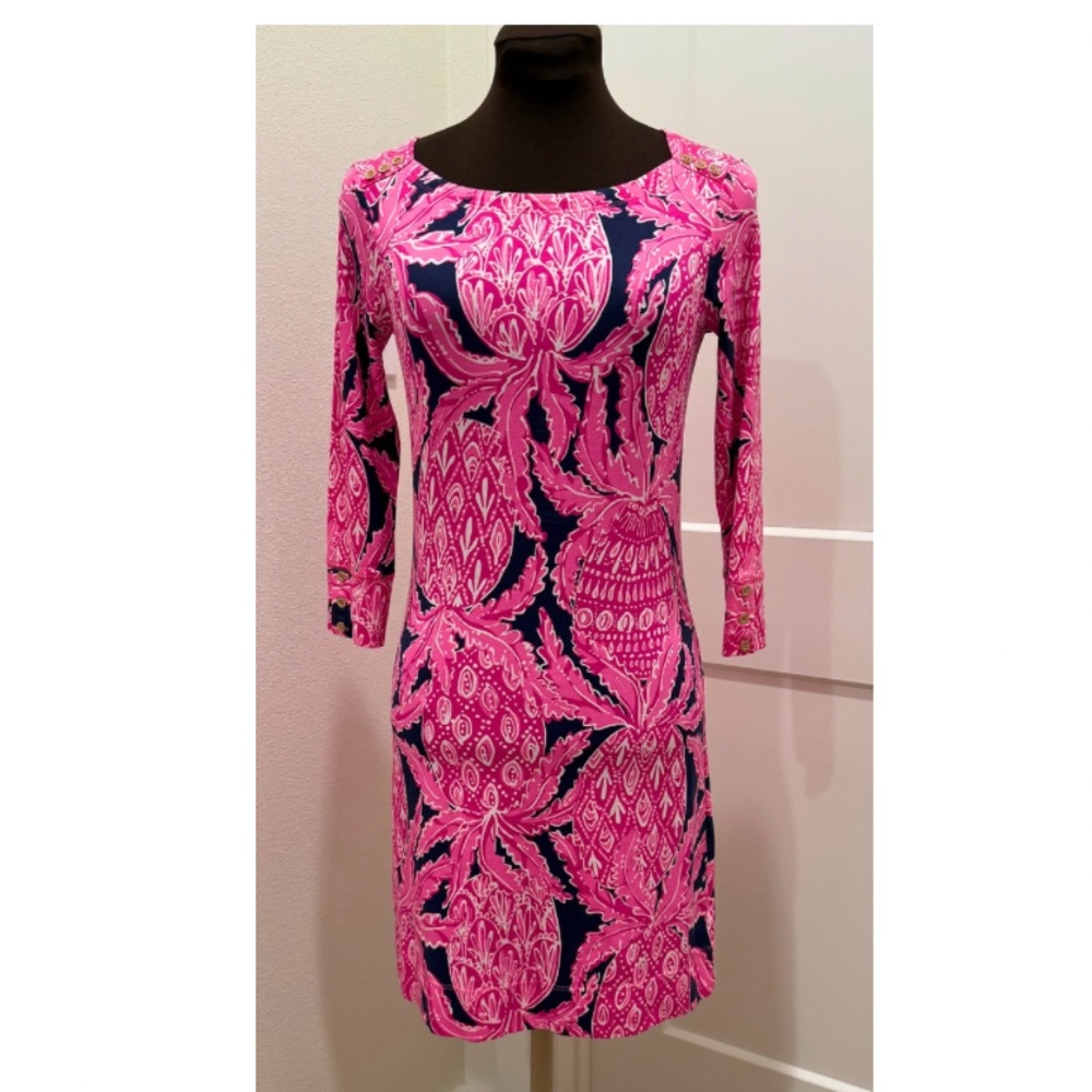 Lilly Pulitzer Sophie Dress Coco Safari Pineapple  - Size XS - Pink/Navy Blue